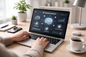 artificial intelligence, automation, machine learning, nature, laptop, workspace, modern design, remote work, desk, productivity, digital workflow, neutral tones, natural lighting, professional, home office, coffee cup, plant, creative workspace, teamwork, office plant